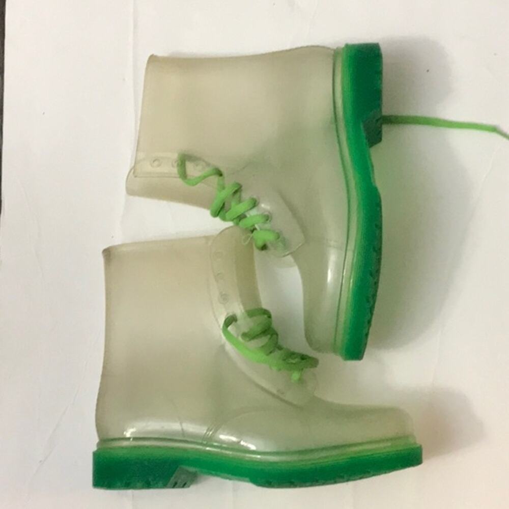 Rock & Candy Clear/Green Jelly Rain Boots Lace Up 6 Cabincore Fisherman Festival